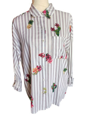 Truly 4 You M Gray Striped Tropical Pineapple Cactus Hibiscus Button Down Blouse